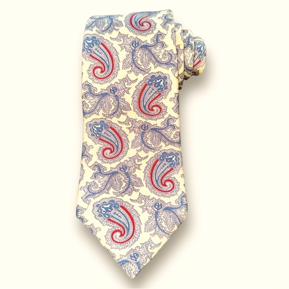 VTG Christian Dior Pale Lemon Silk Tie Made in U.S.A. Red & Blue Paisley Outline - Picture 1 of 7